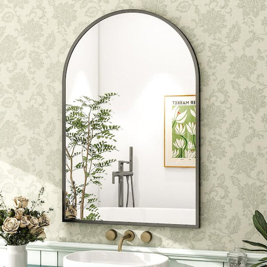 XRAMFY 26 in. W x 38 in. H Arched Black Aluminum Alloy Framed Wall Mirror BACSC2638-BLACK