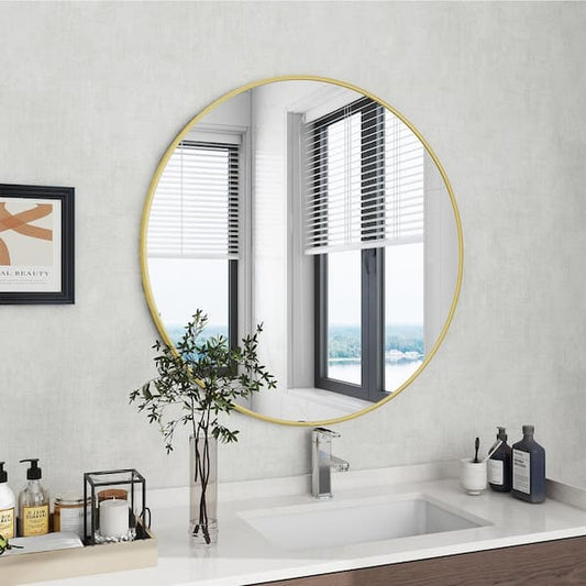 XRAMFY 36 in. W x 36 in. H Round Aluminum Alloy Framed Gold Wall Mirror RM36-GOLD