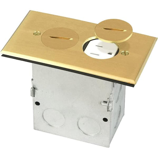 NEWHOUSE ELECTRIC Floor Box Kit with Screw Caps, Electrical Box for Wood Sub-Flooring with 15 Amp TR Duplex Receptacle, Brass 9800BR