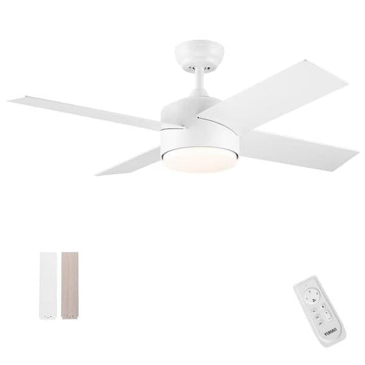 YUHAO 44 in. Integrated LED Light Indoor Matte White Ceiling Fan With 4 Plywood Blades, Reversible Motor and Remote Control DAC1084W443